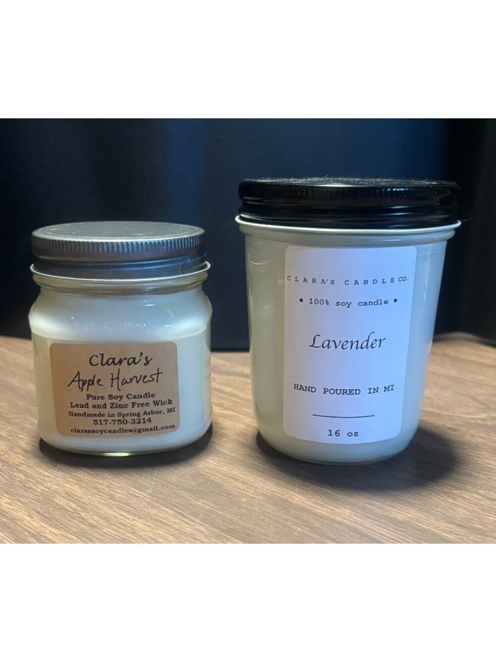 Claras Candle Co Soy Candles Lavender 16 oz & Apple Harvest 8 oz Handmade USA